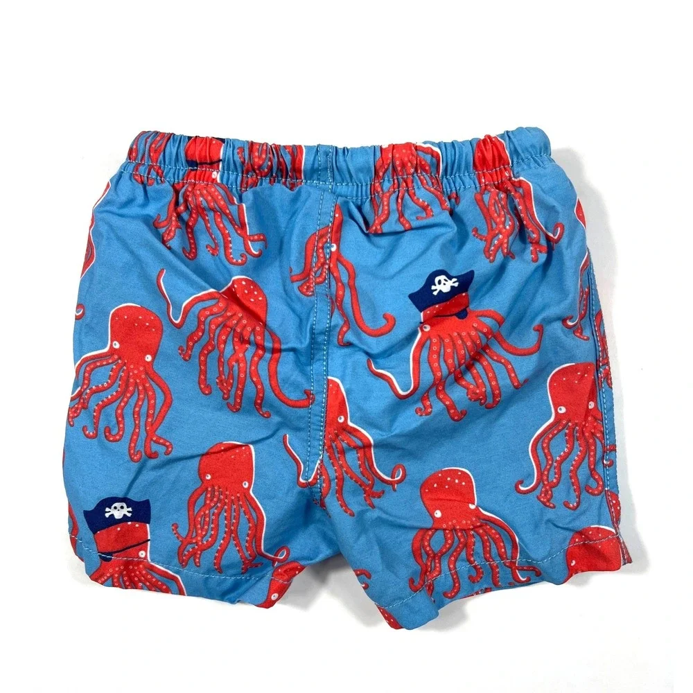 Baby Boden Octopus Pirate Print Swim Trunks Blue Red 3-6 Months Beach Summer EUC